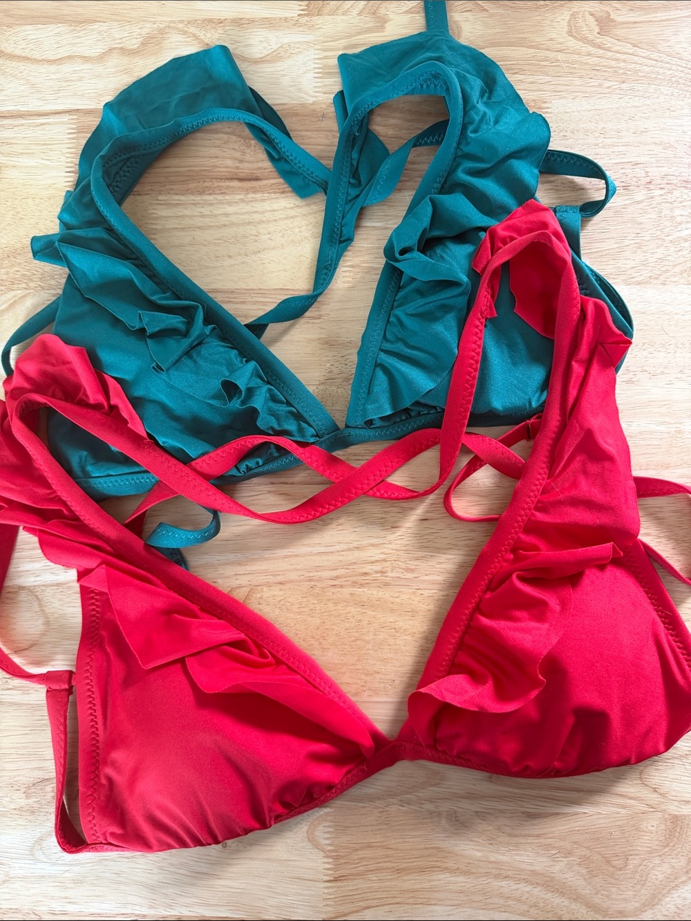 Shade & Shore Ruffled Bikini Tops in Teal & Red
